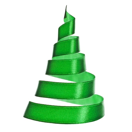 Christmas tree from green ribbon tape isolated on white backgroundの写真素材