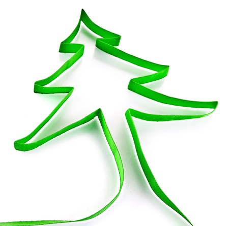 Christmas tree from green ribbon isolated on whiteの写真素材