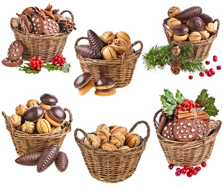 Collection of basket christmas cookies with forest berries on a white backgroundの写真素材