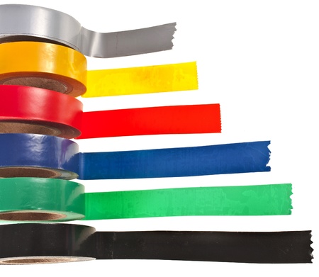 Multicolored insulating tapes roll isolated on white backgroundの写真素材