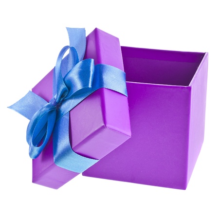 gift wrapped present box with blue satin bow isolated on white