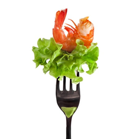 shrimp on fork isolated on whiteの写真素材