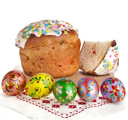 Easter cake with colorful easter egg, handmade painted on towel, card on white background