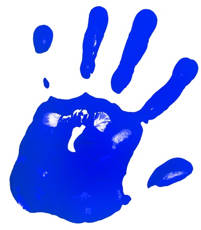 blue color hand print isolated on a white paper backgroundの写真素材