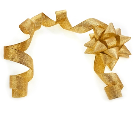 Border Frame card of Beautiful glitter gold ribbon tape curl with bow isolated on white backgroundの写真素材