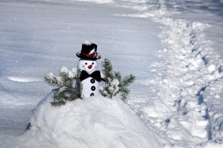 Happy Christmas snowman sitting in a snowy hill outdoorsの写真素材