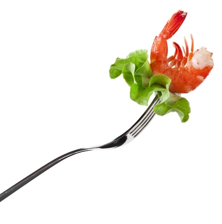 shrimp on fork close up macro shot isolated on white backgroundの写真素材