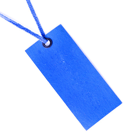 Blue blank price label tag isolated on white backgroundの写真素材