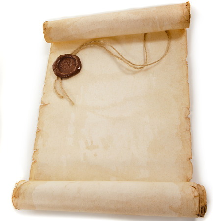 old scroll paper with a wax seal isolated on a white backgroundの写真素材