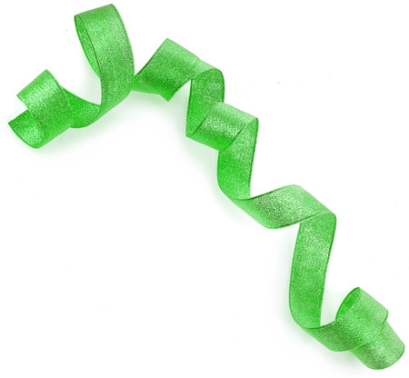 Beautiful glitter green ribbon tape curl isolated on white backgroundの写真素材