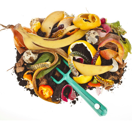 compost pile of kitchen scraps isolated on white backgroundの写真素材