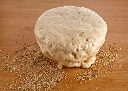 Rising Yeast Dough in bowl on wooden table background