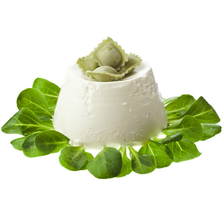 Ricotta Cheese with spinach isolated on white backgroundの写真素材
