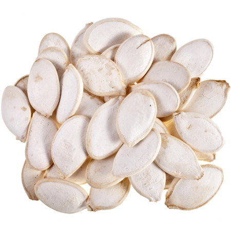 pumpkin seeds top view isolated on white backgroundの写真素材