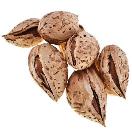 Almond seeds close up macro isolated on white backgroundの写真素材