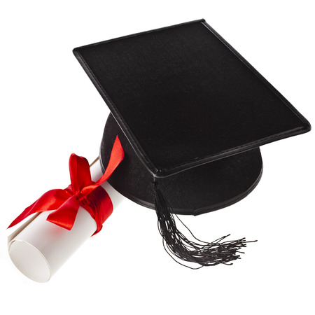 Black Graduation Cap with Degree Isolated on White の写真素材