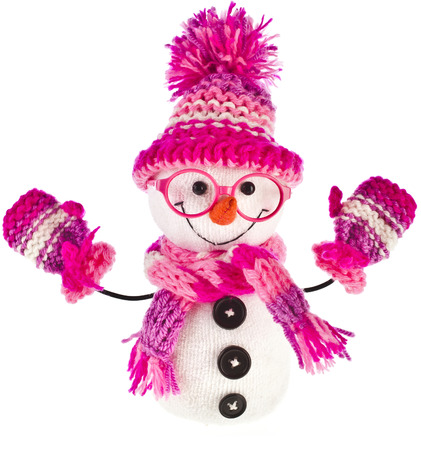 happy snowman spectacled in knitted pink hat and scarf and mittens- isolated on white backgroundの写真素材