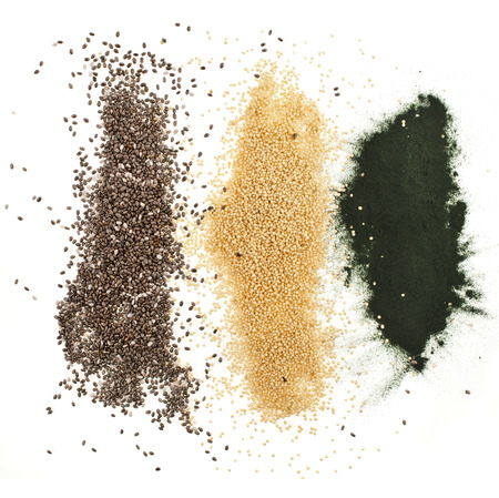 superfoods heap pile collection close up top view surface isolated on white backgroundの写真素材