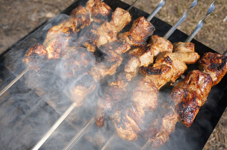   meat pork on skewers on the barbecue on the nature                             の写真素材