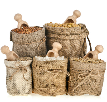 Corn kernel seed meal and grains in bags collection isolated on a white backgroundの写真素材