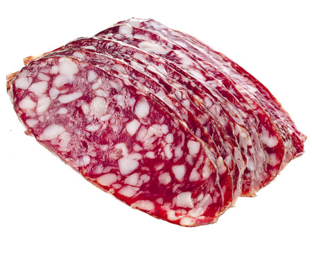 slices of Smoked Sausage isolated on whiteの写真素材