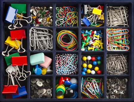 stationery collection in black box surface top viewの写真素材