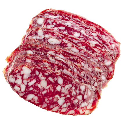Salami sausage slices close up isolated on white backgroundの写真素材