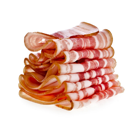 Stack of Bacon Slices isolated On White Backgroundの写真素材