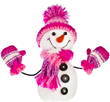 happy snowman in knitted hat and scarf and mittens isolated on white backgroundの写真素材