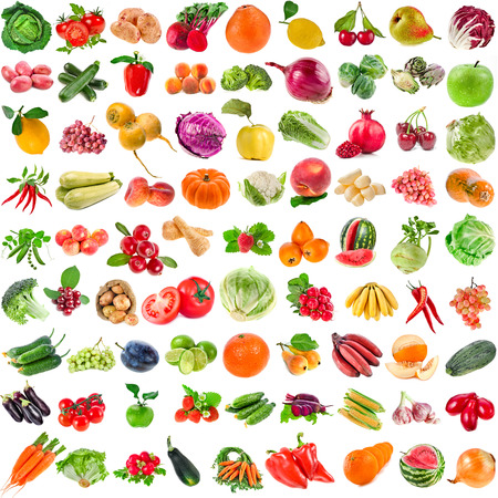 Large Collection set of Various Fresh Ripe Vegetables, Fruits, Berries close up isolated on white backgroundの写真素材