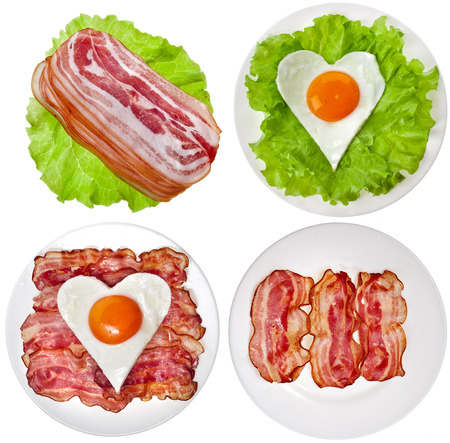 Protein foods nutritious meals on a plate with , bacon, egg, lettuce isolated on white backgroundの写真素材