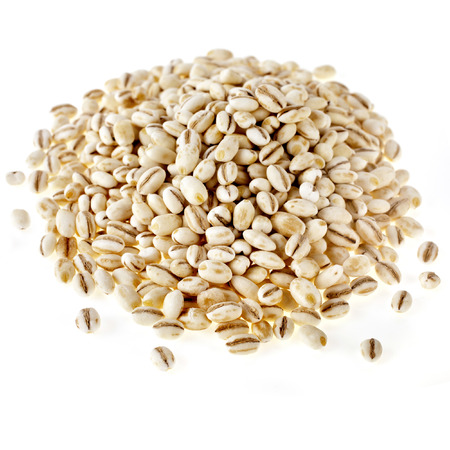 Pearl Barley Heap Pile close up macro isolated on white Backgroundの写真素材