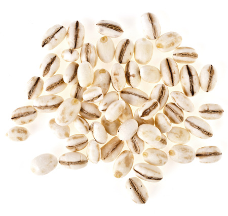 Pearl Barley Heap top view surface close up macro isolated on white Backgroundの写真素材