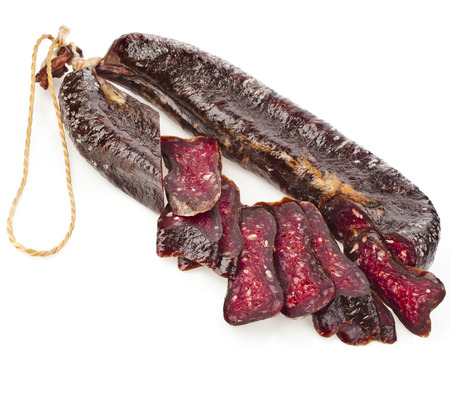 Turkic solid sausages sudzhuk isolated on white backgroundの写真素材