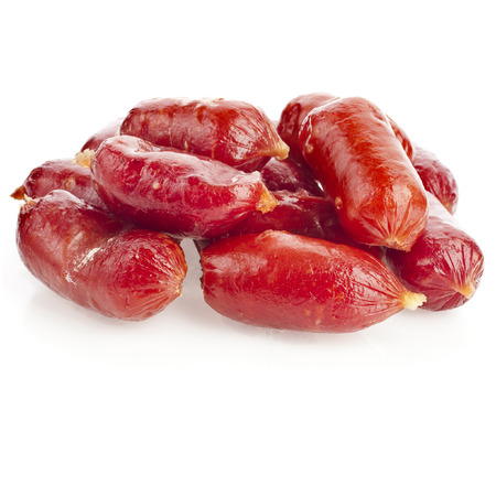 chili sausages isolated on white backgroundの写真素材