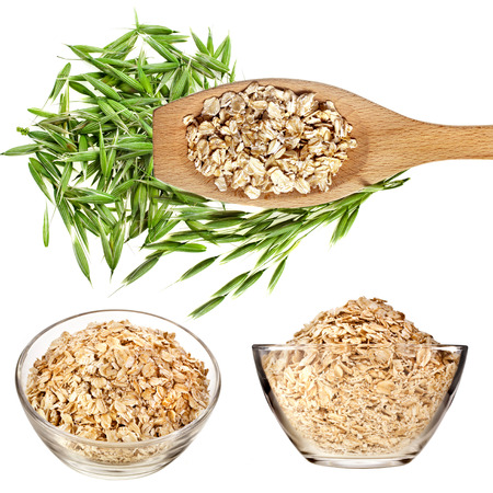 Collection set of Oatmeal flakes isolated on white backgroundの写真素材