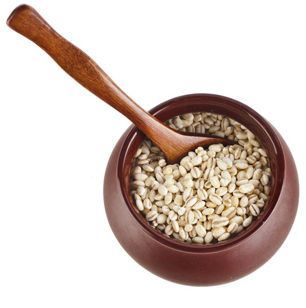 barley pearl porridge in a clay pot with a spoon isolated on white backgroundの写真素材