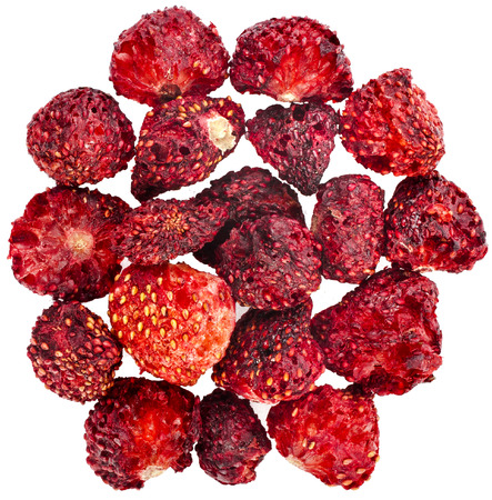 Heap pile of Dried Strawberries close up , surface top view , isolated on white backgroundの写真素材