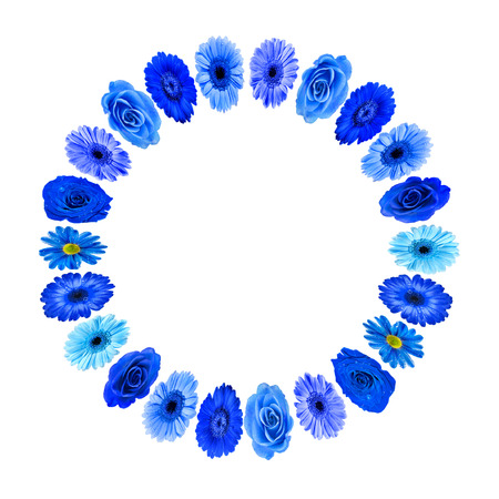 Circular Frame of Blue Flowers Head   Isolated on white backgroundの写真素材
