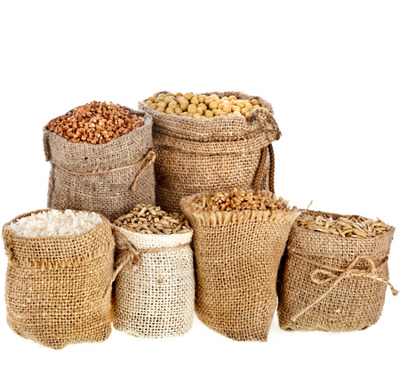 Collection set of seed meal and grains in bags isolated on a white backgroundの写真素材