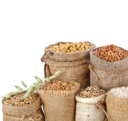 Collection set of seed meal and grains in bags isolated on a white backgroundの写真素材