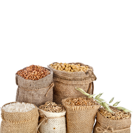 Collection set of seed meal and grains in bags isolated on a white backgroundの写真素材
