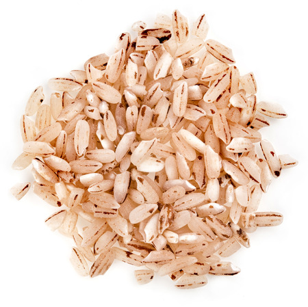 Polished Pink Rice top view surface close up isolated on white backgroundの写真素材