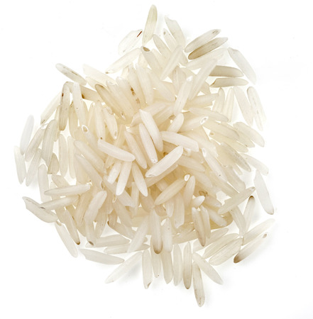 Elite Rice Basmati Polished top view surface close up isolated on white backgroundの写真素材