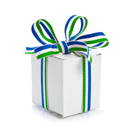 White Gift Box Wrap Stripe Ribbon Bow isolated on white backgroundの写真素材