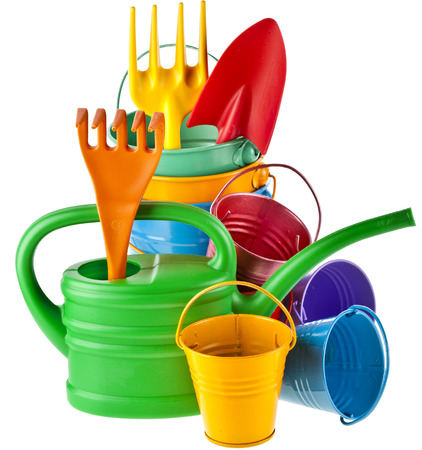 Colorful gardening tools: Watering can, bucket, spade over white backgroundの写真素材