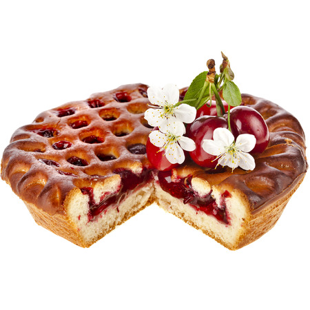 Cherry cake pie isolated on white backgroundの写真素材