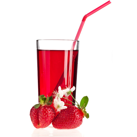 Fresh strawberry juice glass with red drinking straw isolated on white backgroundの写真素材