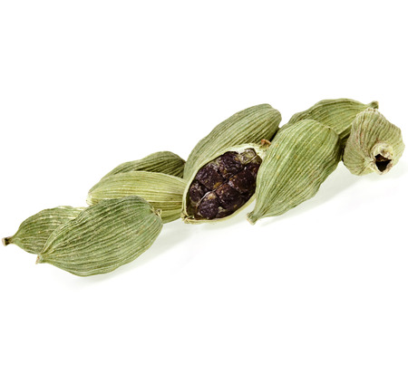Green cardamom pods on white backgroundの写真素材