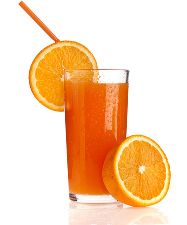 Full glass of orange juice on white backgroundの写真素材